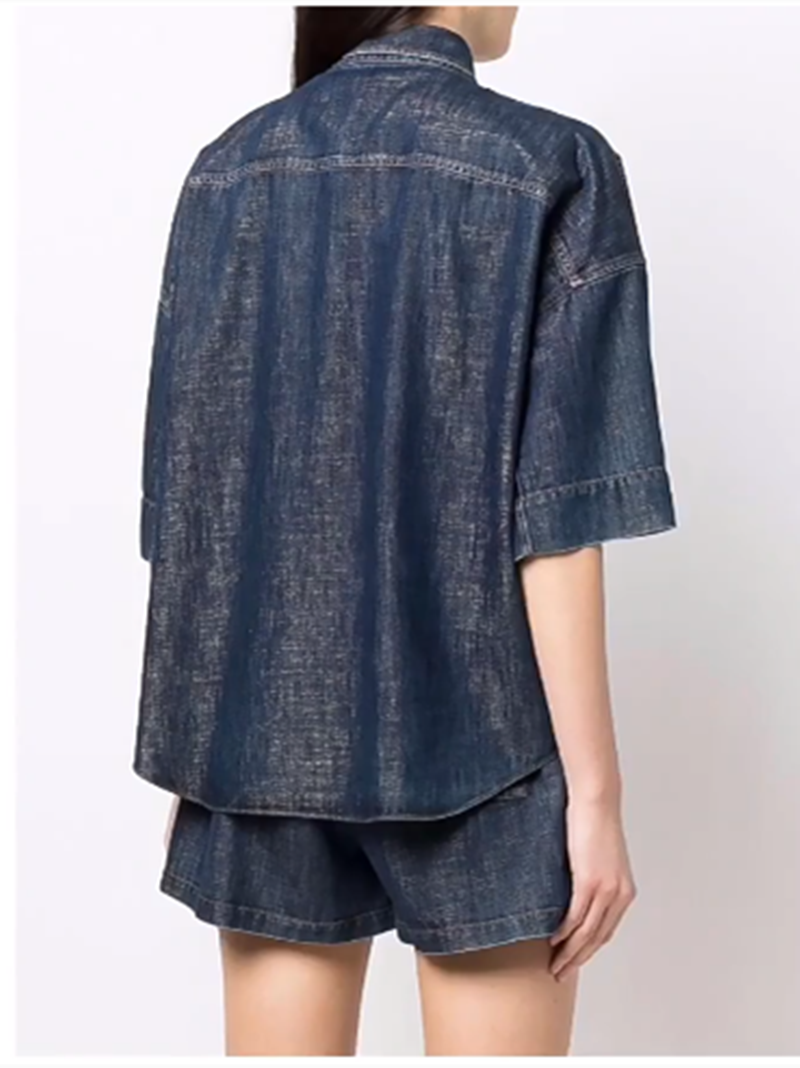 Women's Turn-Down Collar Denim Suit Bead Chain Denim Jacket and High Waist Elastic Lace-Up Shorts Lady Solid Color All-Match Set