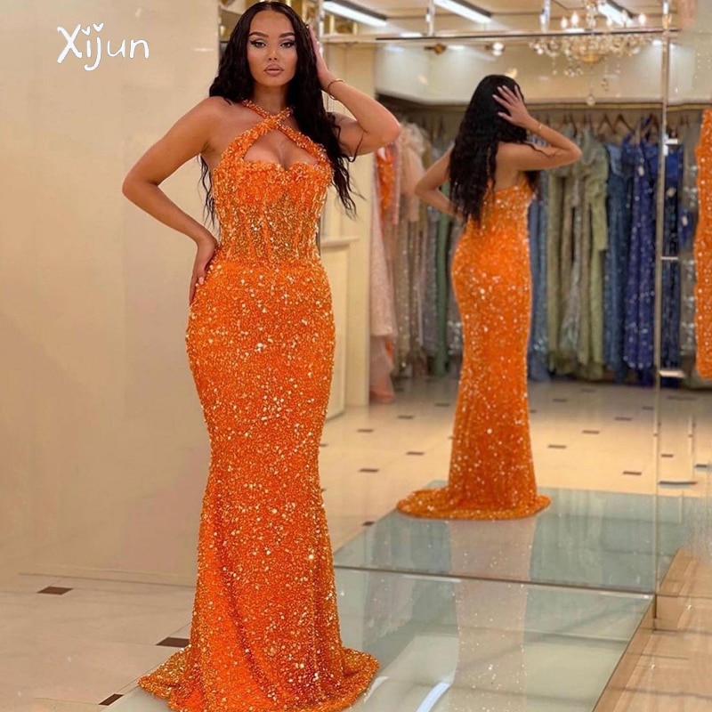 Xijun Arabic Sequin Mermaid Evening Gowns Sexy Halter Beaded Formal Party Dresses Saudi Arabia Sleeveless Long Prom Gown Women