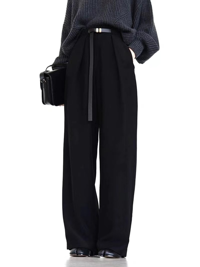 2022 Early Autumn New Minimalist Design Silk Linen Belt High Waist Pleated Loose Wide Leg Trousers Women Pants