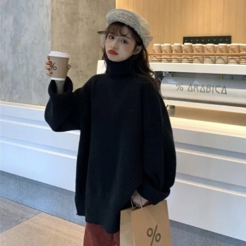 Thickened Solid Color High Collar Sweater Female Students Autumn Winter New Loose Head Set Hundred Open Knitted Sweater Jacket