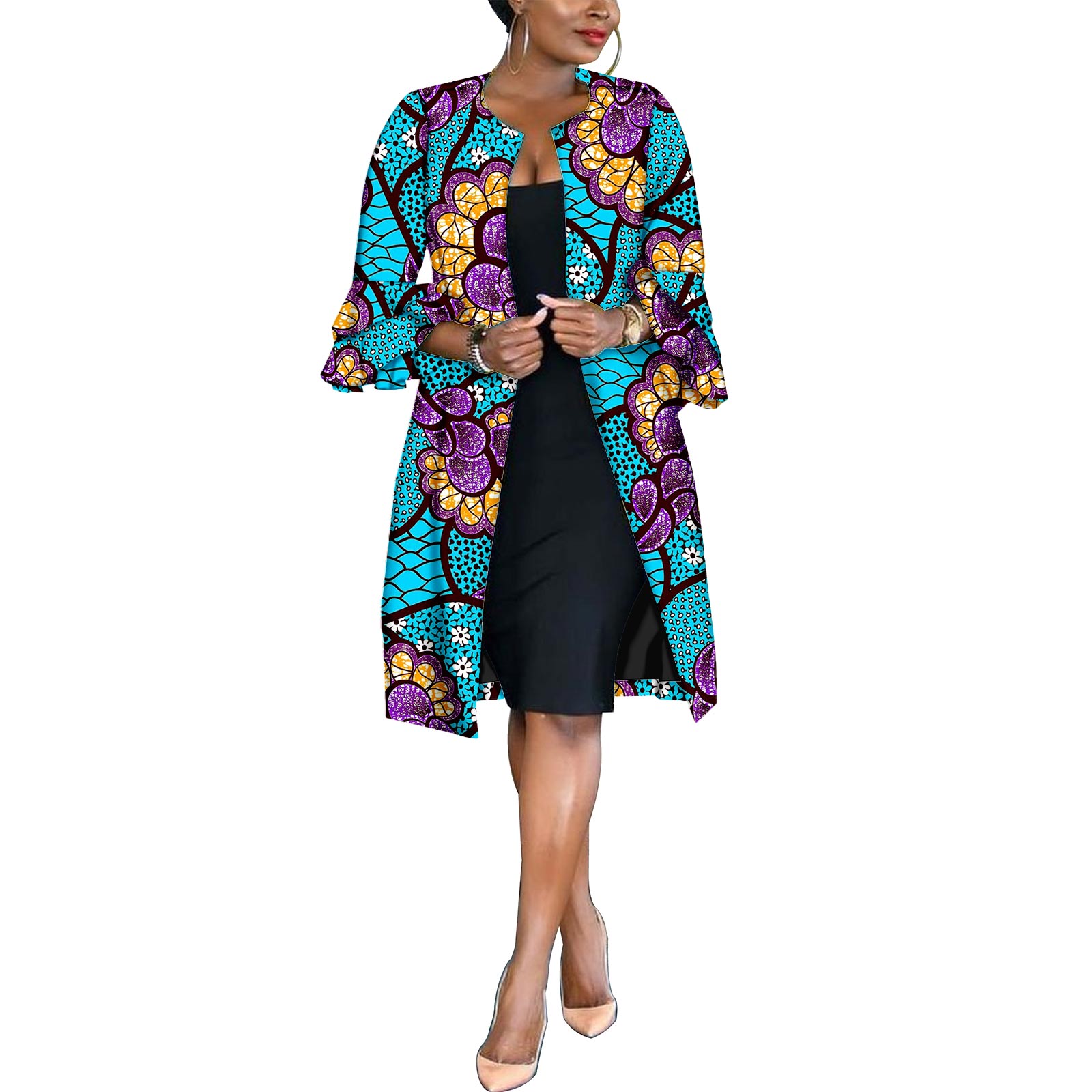 African Couples Outfits  Women Coat Long Jacket Match Men Vest + Top and Pants 3 Pieces Set With Pockets& Breastpin Y22C072