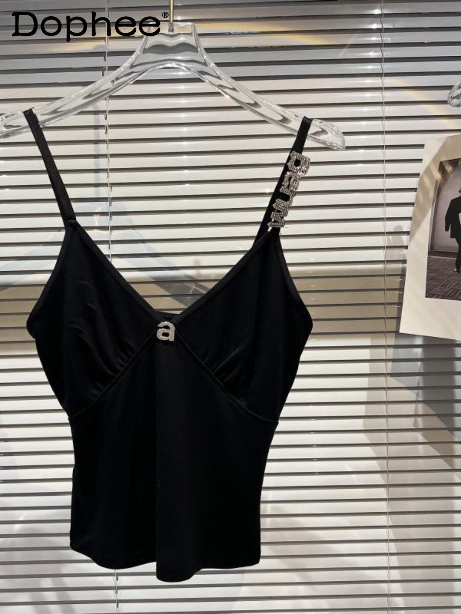 2022 Summer New Heavy Industry Rhinestone Letters Decorative Slim-Fit Dark Vest Camis Female Socialite Sexy Sling Tank Top Women