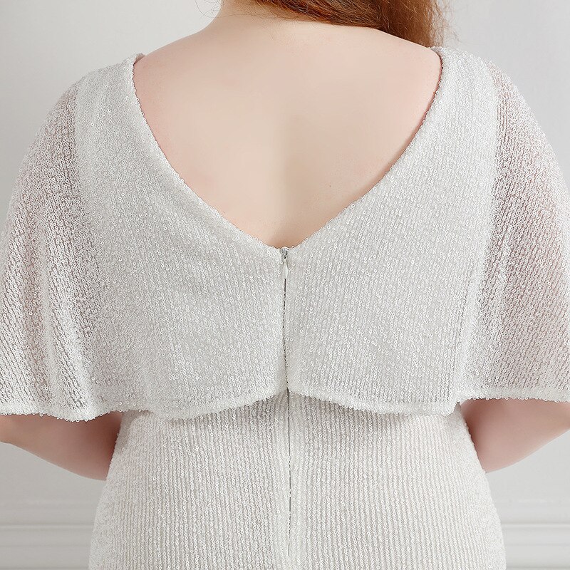 White Sequins Simple Evening Dress V-Neck Ruffles Short Sleeves Floor-Length Fashion Mermaid Plus Size Women Formal Gowns D1274