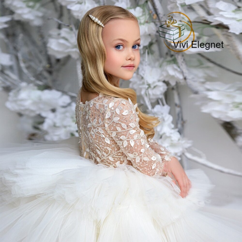 White Tutu Flower Girl Dresses for Princess Beads Full Sleeve Knee Length Child Communion Costumes 2022 Winter فساتين اطفال للعي