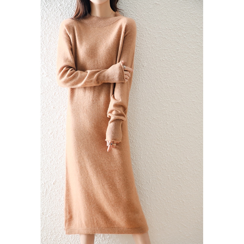 100% Pure Cashmere Knitted Women Dresses Elegante Dress Winter Soft Oneck Loose Jumpers Vestido Ladies Solid Long Sleeve Dress