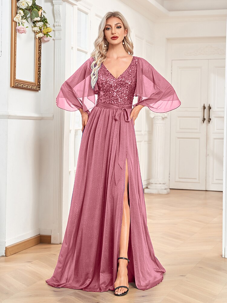 Lucyinlove Sexy Sequin Maxi V-neck Dress Women 2022 Elegant Flared Sleeves Chiffon Party Dress Wedding Evening Dresses Vestidos