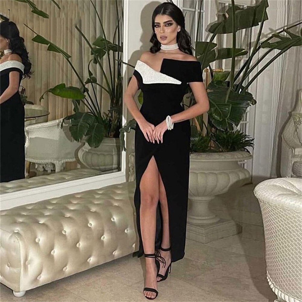MvozeinCelebrity Black Saudi Arabia Midi Women Party Dress Off The Shoulder Prom Gowns Slit Side Formal Evening Dress Night Club