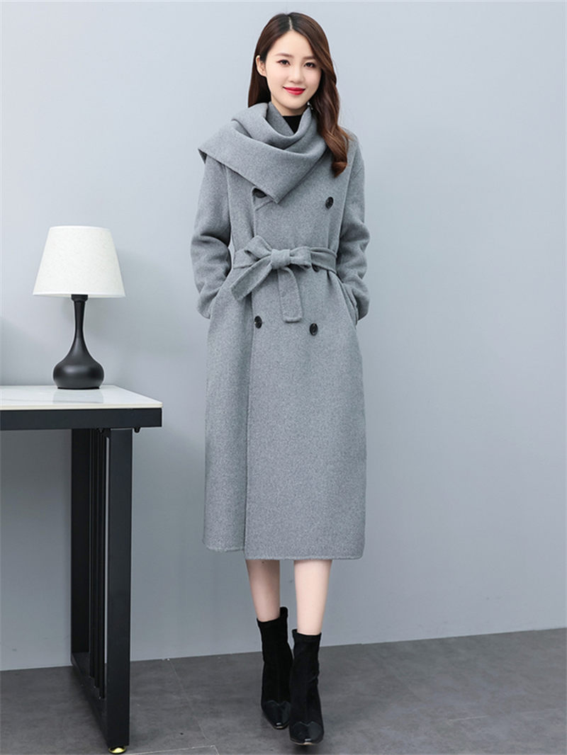 Korean High-End Scarf Collar Coat Double Breasted Sashes Woolen Long Temperament Women Autumn Winter Windbreaker Jacket T1078