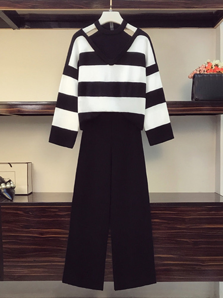 Tracksuit Women Two Piece Set Fashion Black White Stripe Knitted Two Piece Women Sets High Waist Loose Women's Wide Leg Pants