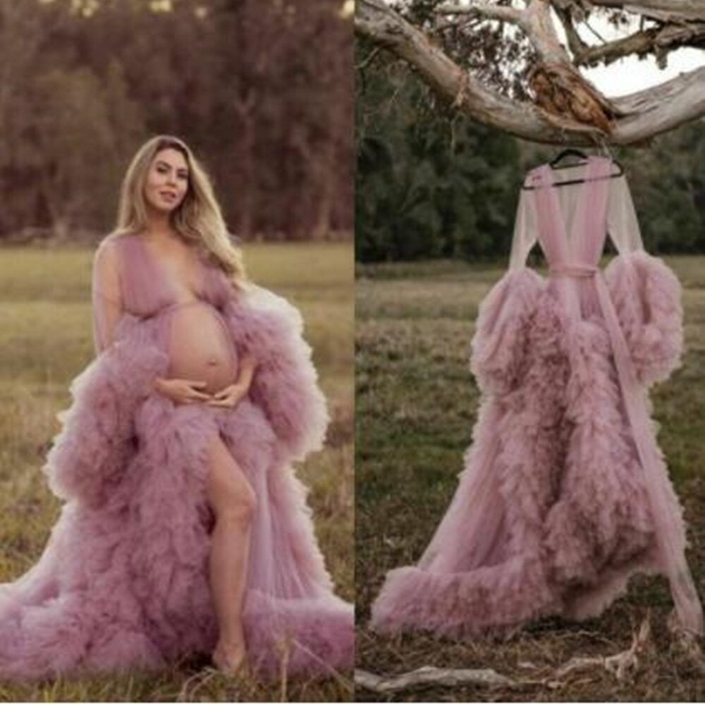 Real Images Maternity Robes Wedding Shawl Pregnant Women Sexy Tulle Bathrobe Dresses Photo Shoot Party Fluffy Baby Shower Gowns