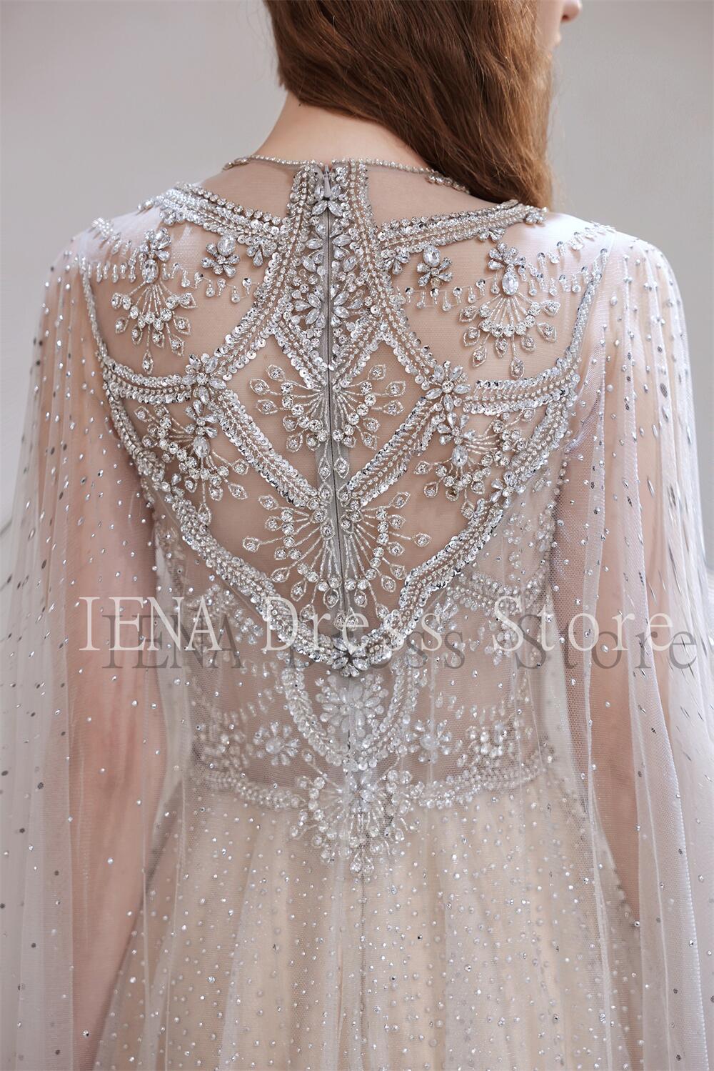 14272#IENA Long Cape Sleeves Chiffon Bohemian Prom Dresses 2023 Backless Vintage Crew Neck Party Gowns Plus Size Evening Dresses