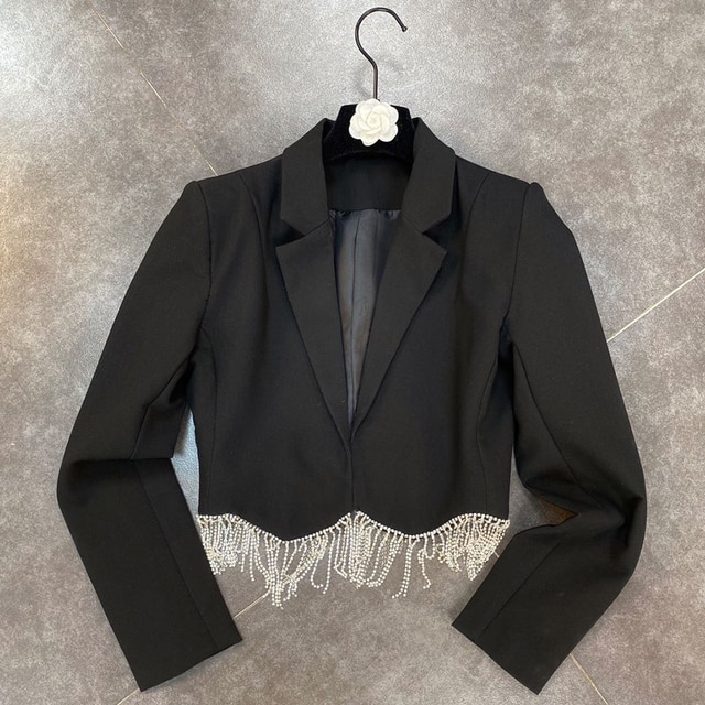 High-Quality Women'S Short Suit Jacket + Mini Skirt 2 Two-Piece Set Sexy Rhinestone Tassel High Waist Slim Set 2022 Autumn