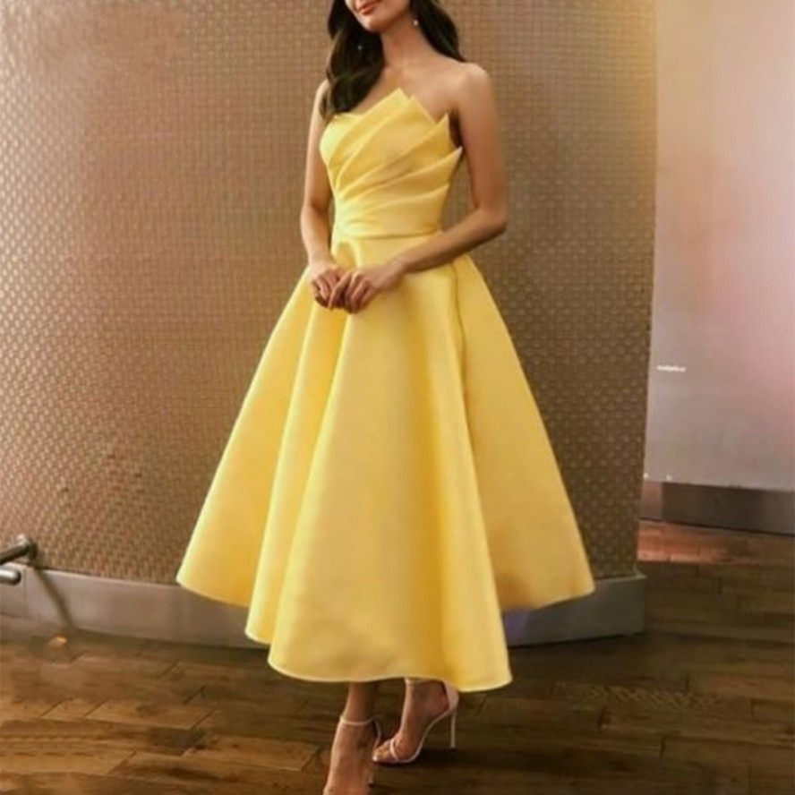 Yellow Short Strapless Prom Dresses 2022 A-Line Tea Length Pleated Satin Party Evening Gowns Robe Soirée Vestidos De Fieast