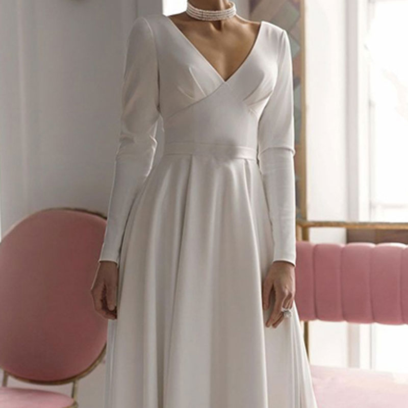 TIXLEAR Vintage Satin Wedding Dress Women 2022  Long Sleeves  Simple Elegant  V-neck Backless Bling Civil  Bridal Gown Cheap