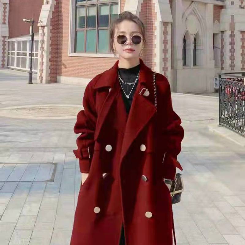Fashion Elegant Black Woolen Coat 2022 Autumn And Winter New Loose Double-breasted Temperament Hepburn Long Red Overcoat Jacket