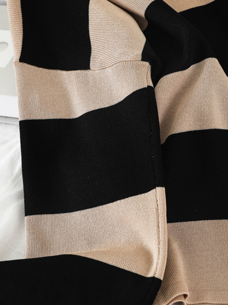 Tracksuit Women Two Piece Set Fashion Black White Stripe Knitted Two Piece Women Sets High Waist Loose Women's Wide Leg Pants