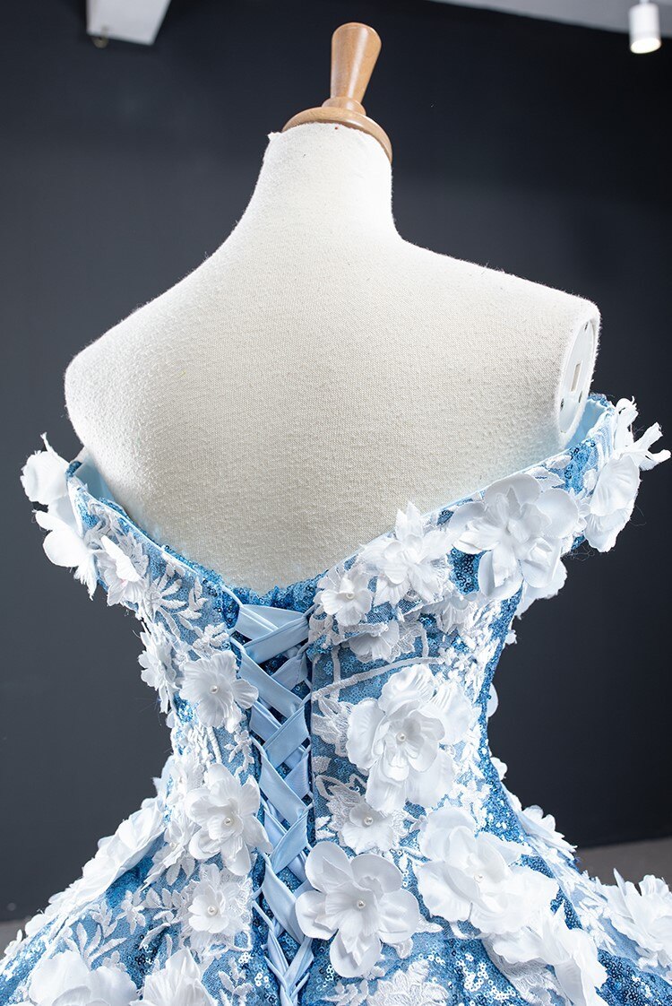 Sky Blue 3D Flowers Quinceanera Dresses One Shoulder Prom Gowns Dreaming Floral Flower Straps Beaded Corset Back Sweet 15 16