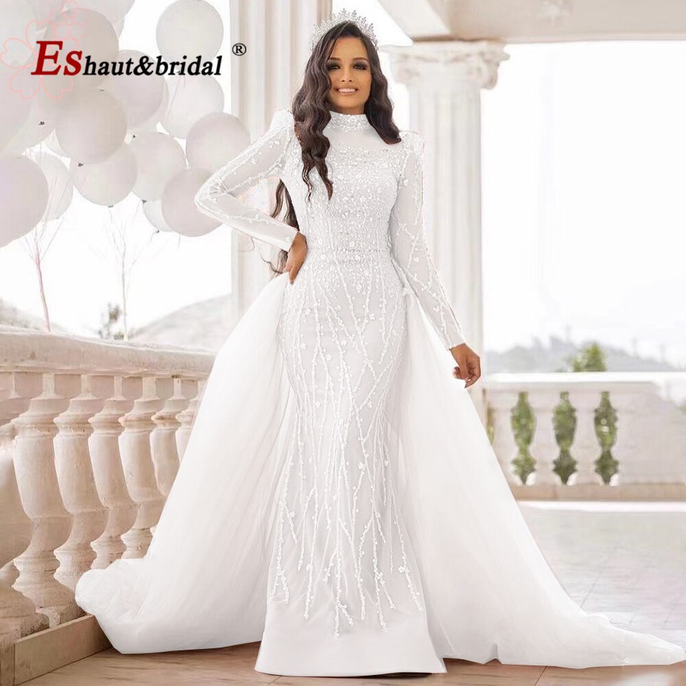 Elegant Pink Muslim Mermaid Evening Dress for Women 2022 Long Sleeves High Neck Beads Sequin Formal Prom Wedding Party Gowns