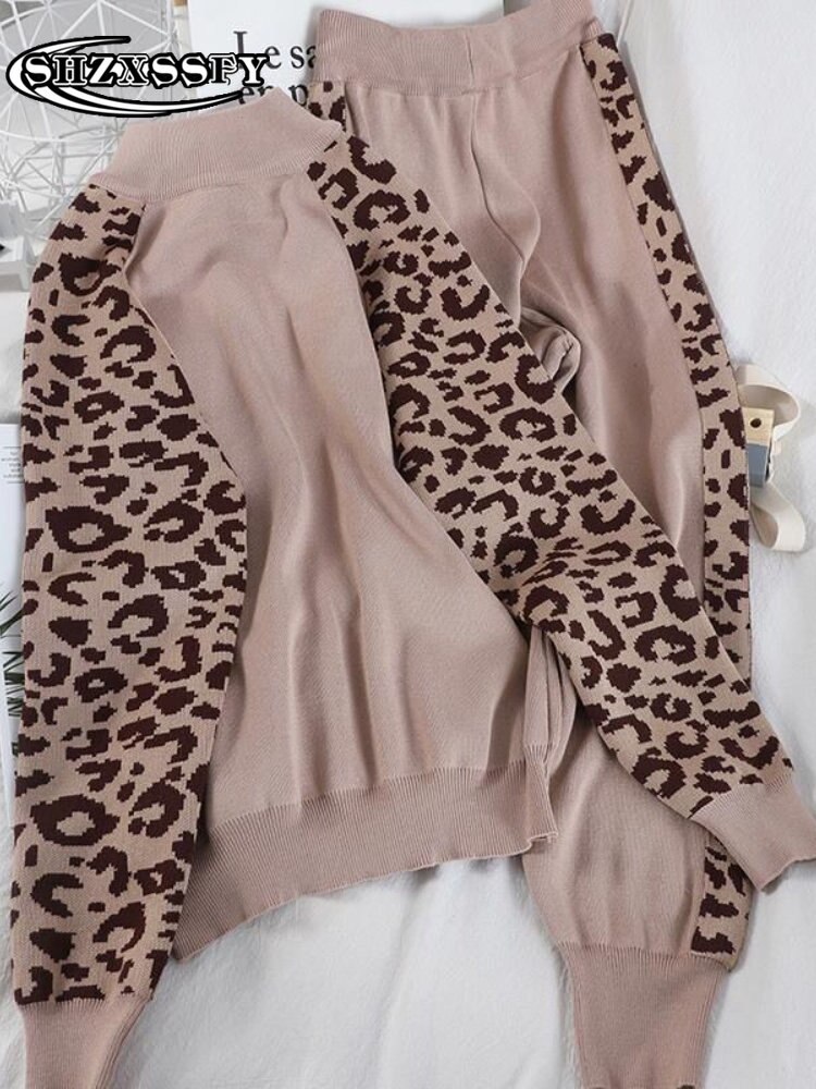 Women's Warm Suit Leopard Zipper Knitting Sweater Two Piece Set Women Top and Pants Casual Loose Autumn Winter Women's Warm Suit