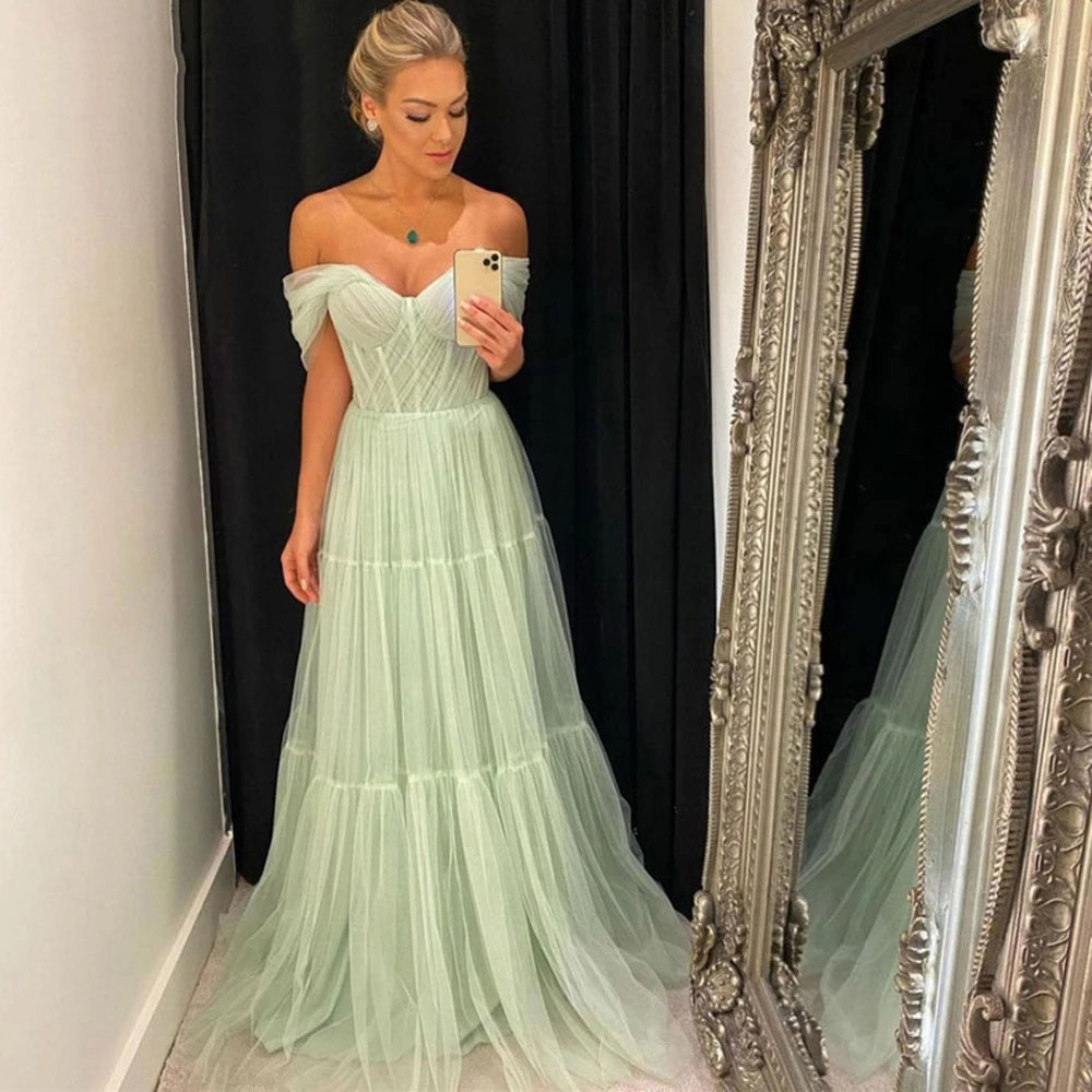 Light Green Prom Gown Tulle Long Prom Dress Pleats Off The Shoulder Plus Size Women Party Gown Tiered Evening Dress robe de bal