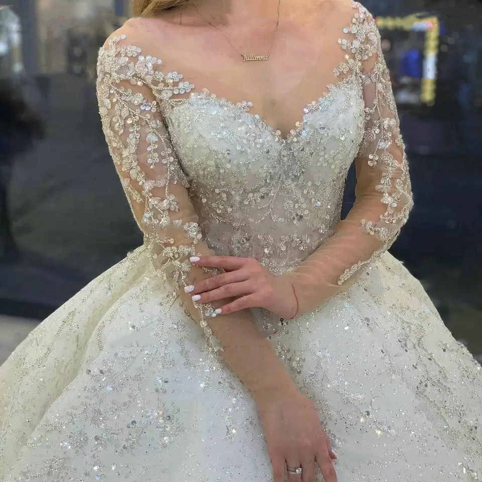Sparkly Crystal Wedding Dress Long Sleeves 2022 Vestido De Noiva Lace Up Pageant Beading Bridal Gowns Custom Made Hochzeitskleid