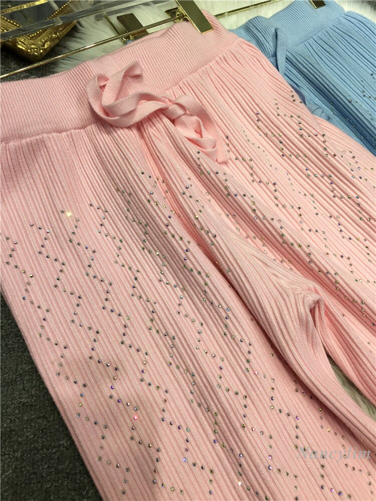 European Fashion Women's Knit Pants Heavy Embroidery Rhinestone Wide-Leg Pants Slimming Trousers High Waist Autumn Winter 2022