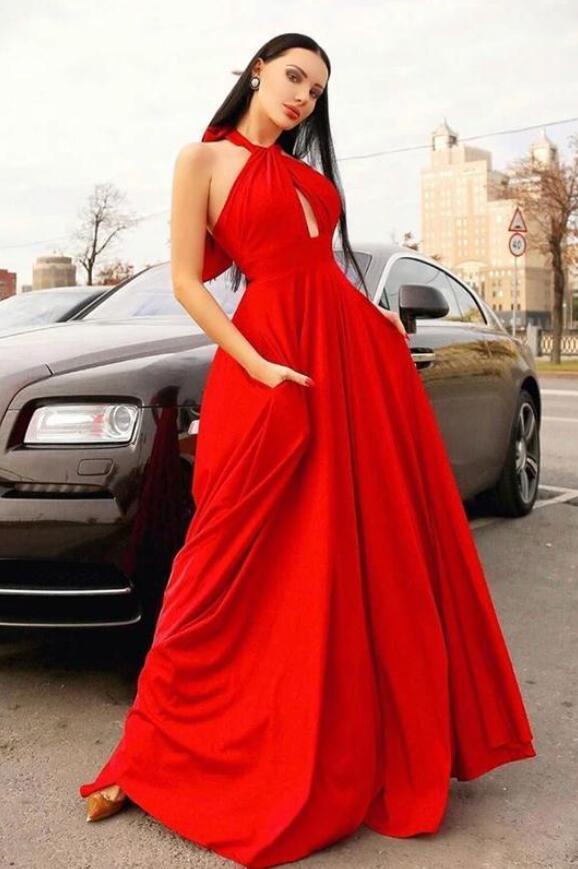 Red Party Dress Halter Neck A-line Prom Dresses with Pockets