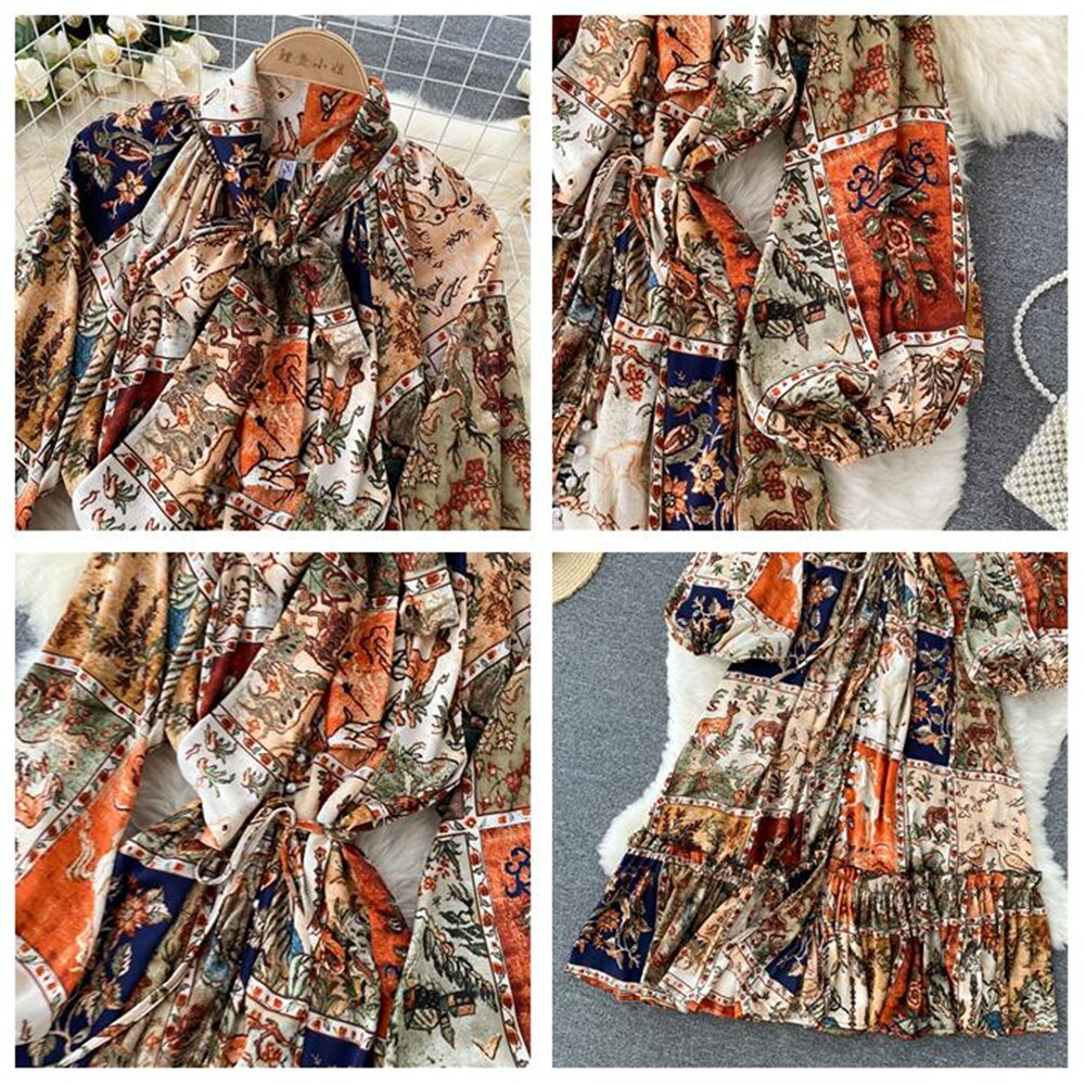 Boho Indie Folk Women Printed Loose Dress Autumn Fashion Bandage Long Sleeve Pleated Dresses Vintage Vestidos Female Clothing