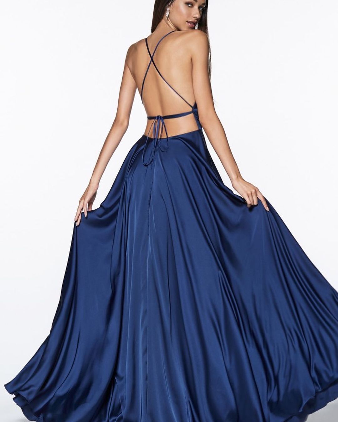 Satin Long Evening Party Dress For Women Sexy High Split Vestido Navy Blue Soft Backless Prom Dresses Robe De Soiree