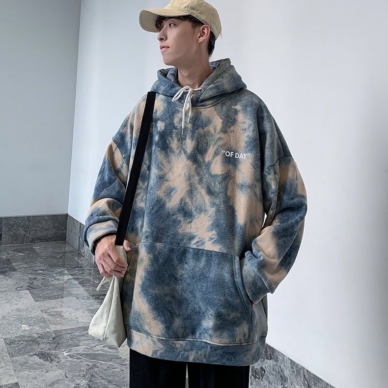 Couple tie dyed hooded sweater for men and women Korean version plush thickened long sleeve coat loose versatile top