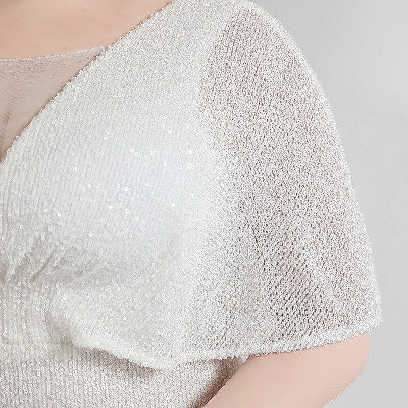 White Sequins Simple Evening Dress V-Neck Ruffles Short Sleeves Floor-Length Fashion Mermaid Plus Size Women Formal Gowns D1274