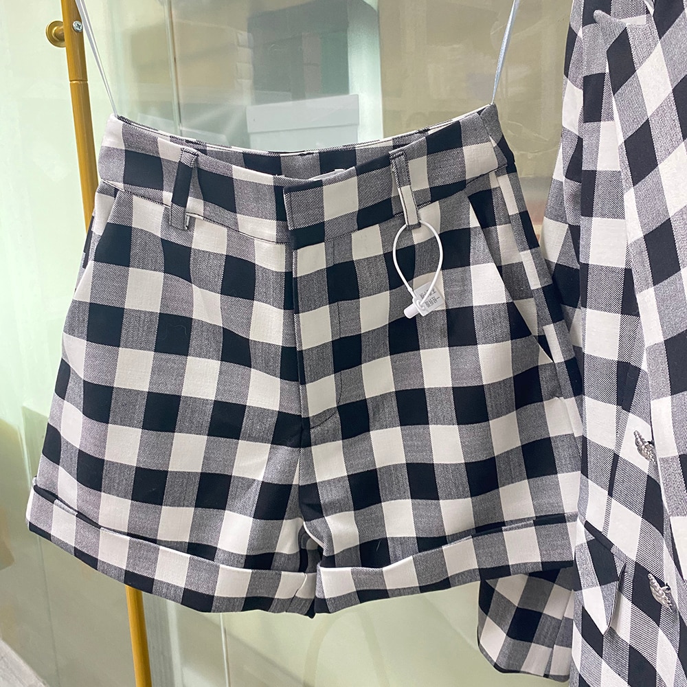 Emily In Paris Same Classic Black White Plaid Blazer woman High Waist Shorts Elegant Tweed Fashion Suit Coat short pants Female