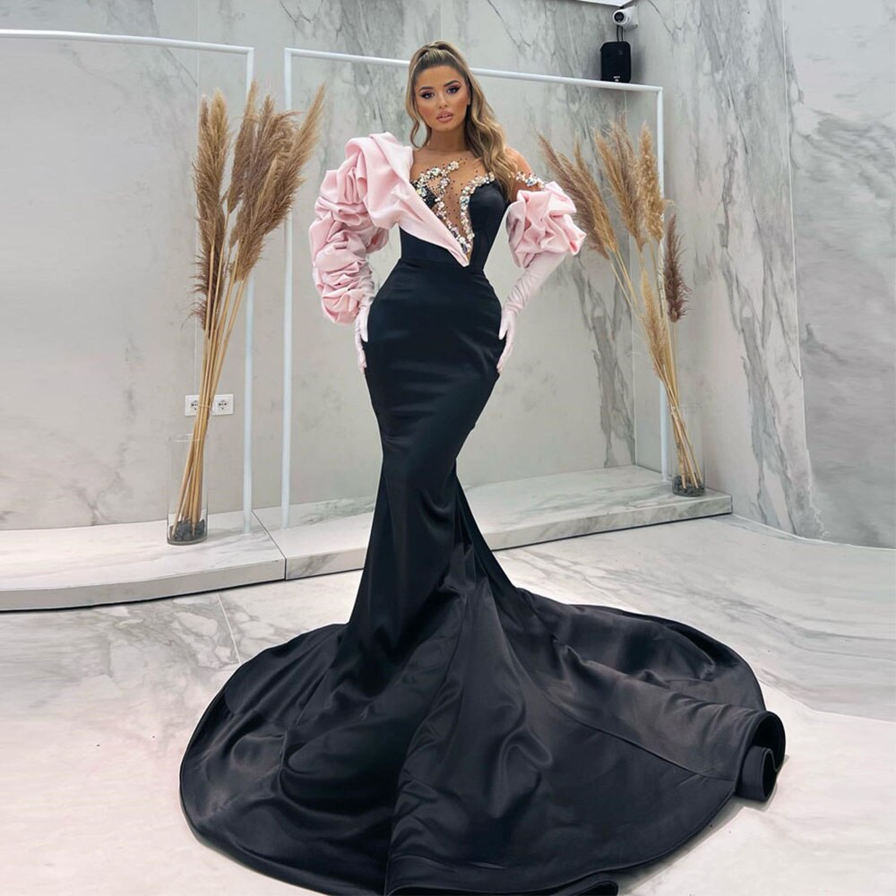 SoDigne Black Dubai Mermaid Evening Dresses Ruffles Long Sleeves Beaded Satin Women Elegant Prom Pageant Gowns Sweep Train