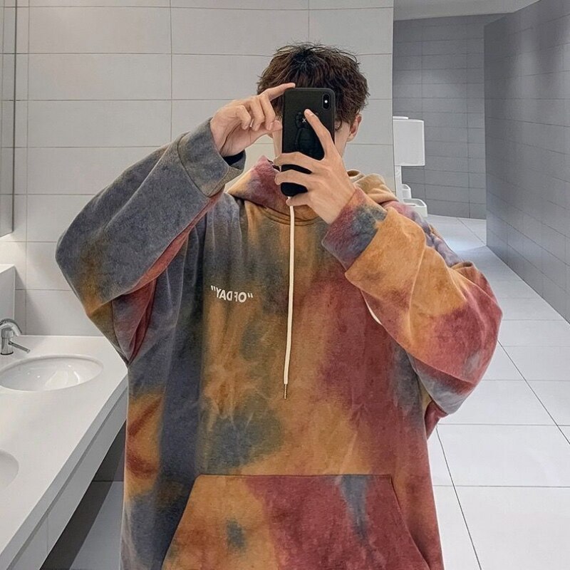 Couple tie dyed hooded sweater for men and women Korean version plush thickened long sleeve coat loose versatile top