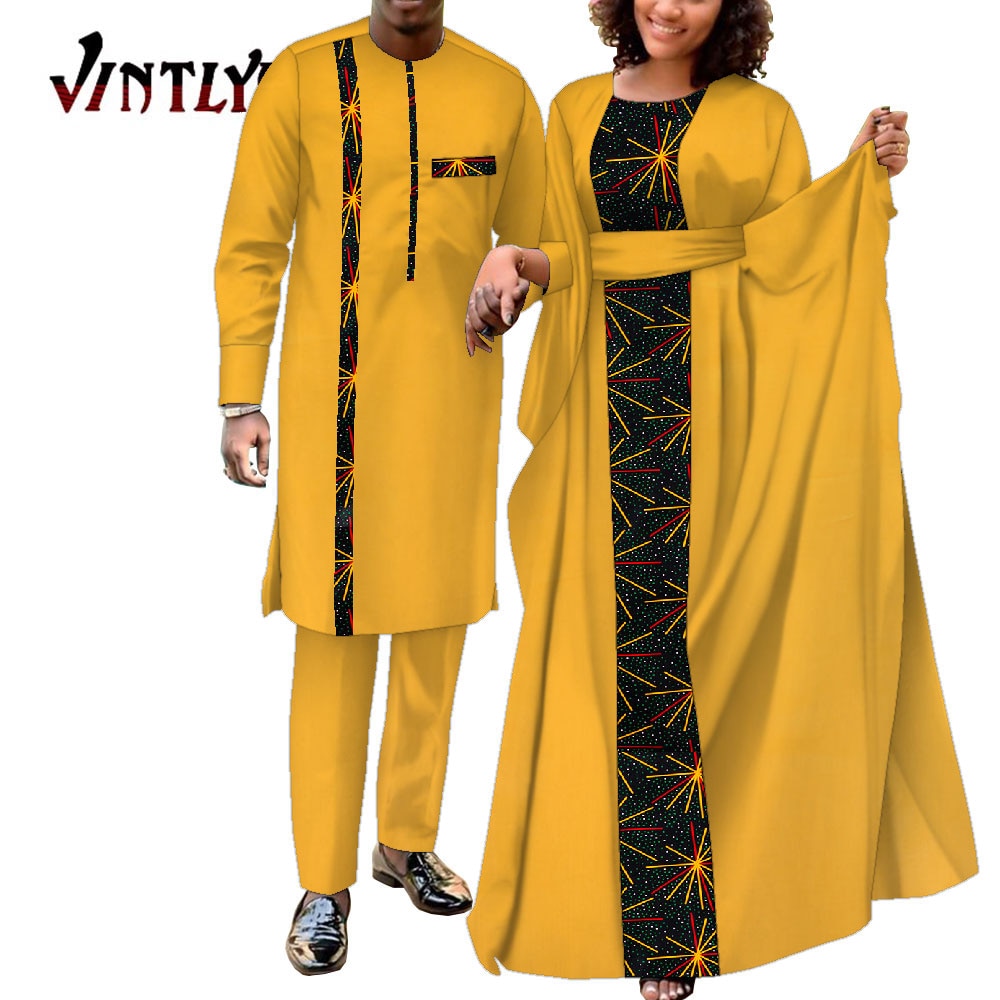 2 Pcs African Dresses for Women and Dashiki Men Suits Floral Print Couple Clothes Lovers Outfit Patchwork Robe Dress Wyq949