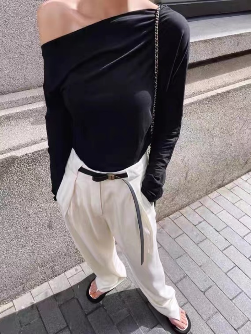 2022 Early Autumn New Minimalist Design Silk Linen Belt High Waist Pleated Loose Wide Leg Trousers Women Pants