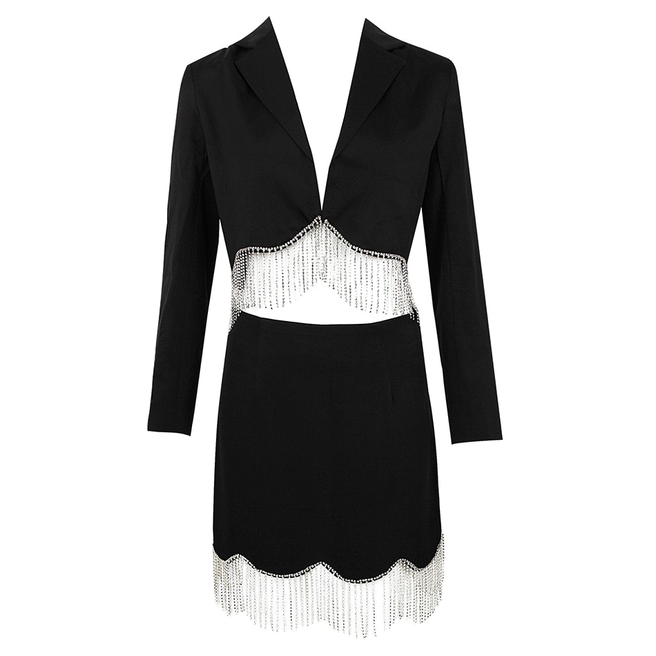 High-Quality Women'S Short Suit Jacket + Mini Skirt 2 Two-Piece Set Sexy Rhinestone Tassel High Waist Slim Set 2022 Autumn