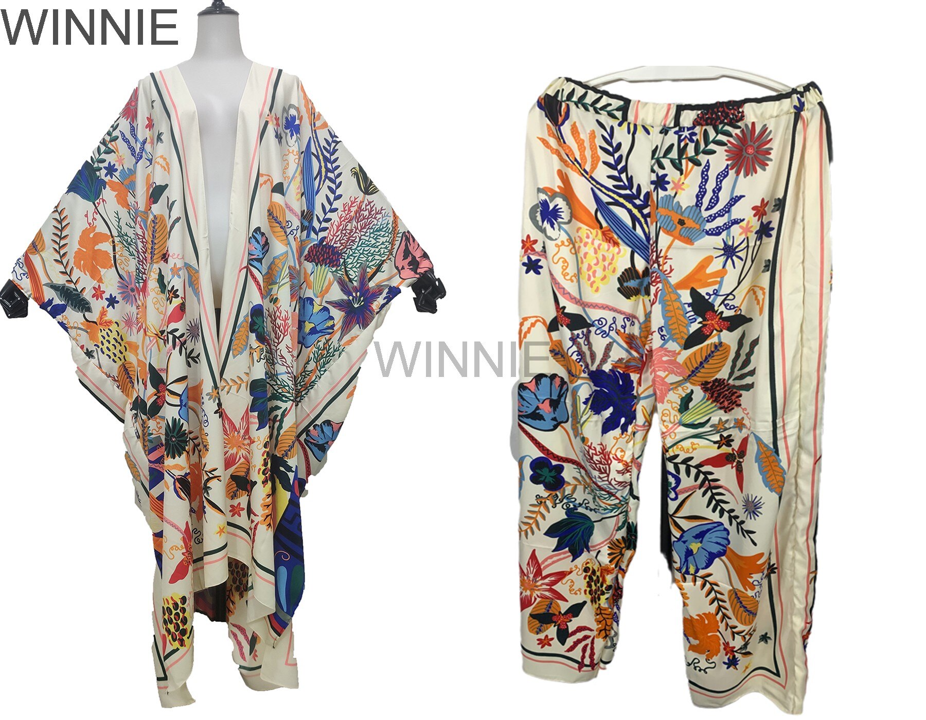 Bohemian Fashion Floral Kimono Cardigan & Pants Free Size African Women's Two Pieces Suit For Outfit Muslim Kaftan