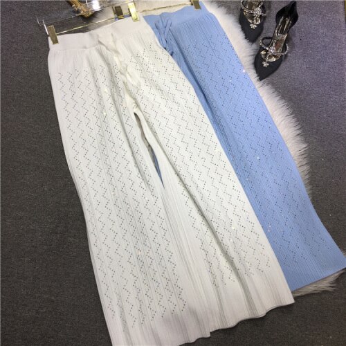 European Fashion Women's Knit Pants Heavy Embroidery Rhinestone Wide-Leg Pants Slimming Trousers High Waist Autumn Winter 2022