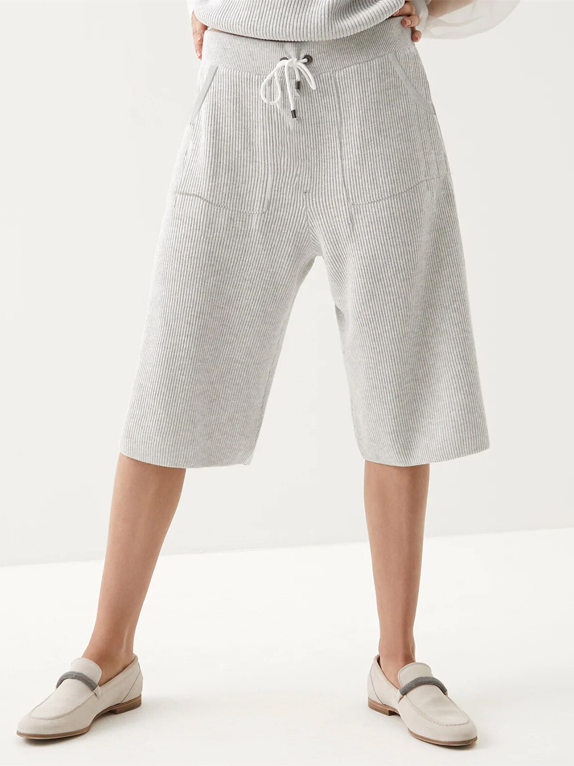 Women Mesh Stitching Knit Gray Set Ladies Long Sleeve O-neck Sweater Pullover or Elastic Waist Shorts