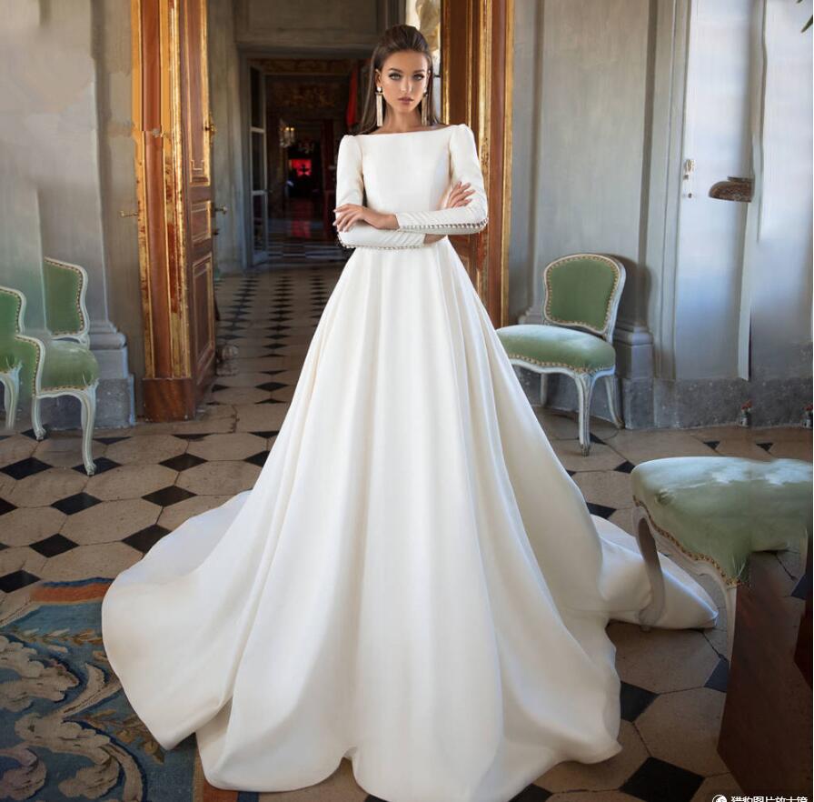 Vintage Satin Wedding Dresses Backless Long Sleeve A-Line Bride Dress Princess vestido de noiva Custom Made Civil Robe De Mariee