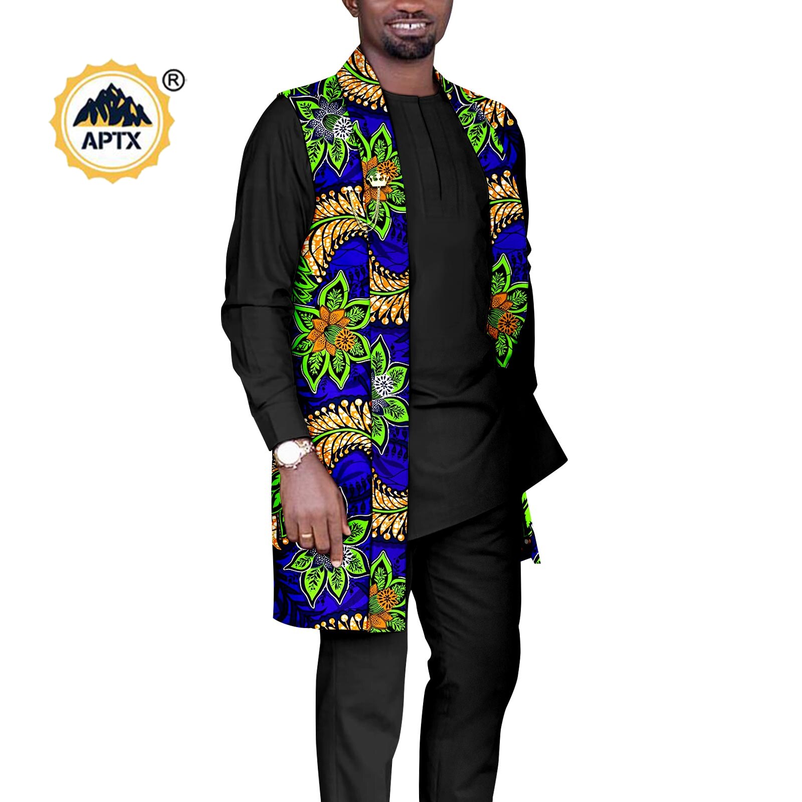 African Couples Outfits  Women Coat Long Jacket Match Men Vest + Top and Pants 3 Pieces Set With Pockets& Breastpin Y22C072