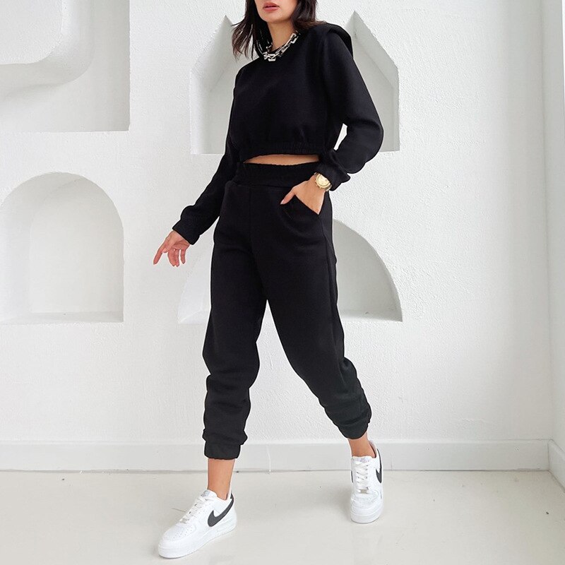 Autumn Winter tracksuit set women casual crop top and Elastic waist long pants two piece set Lady solid color pullover top set