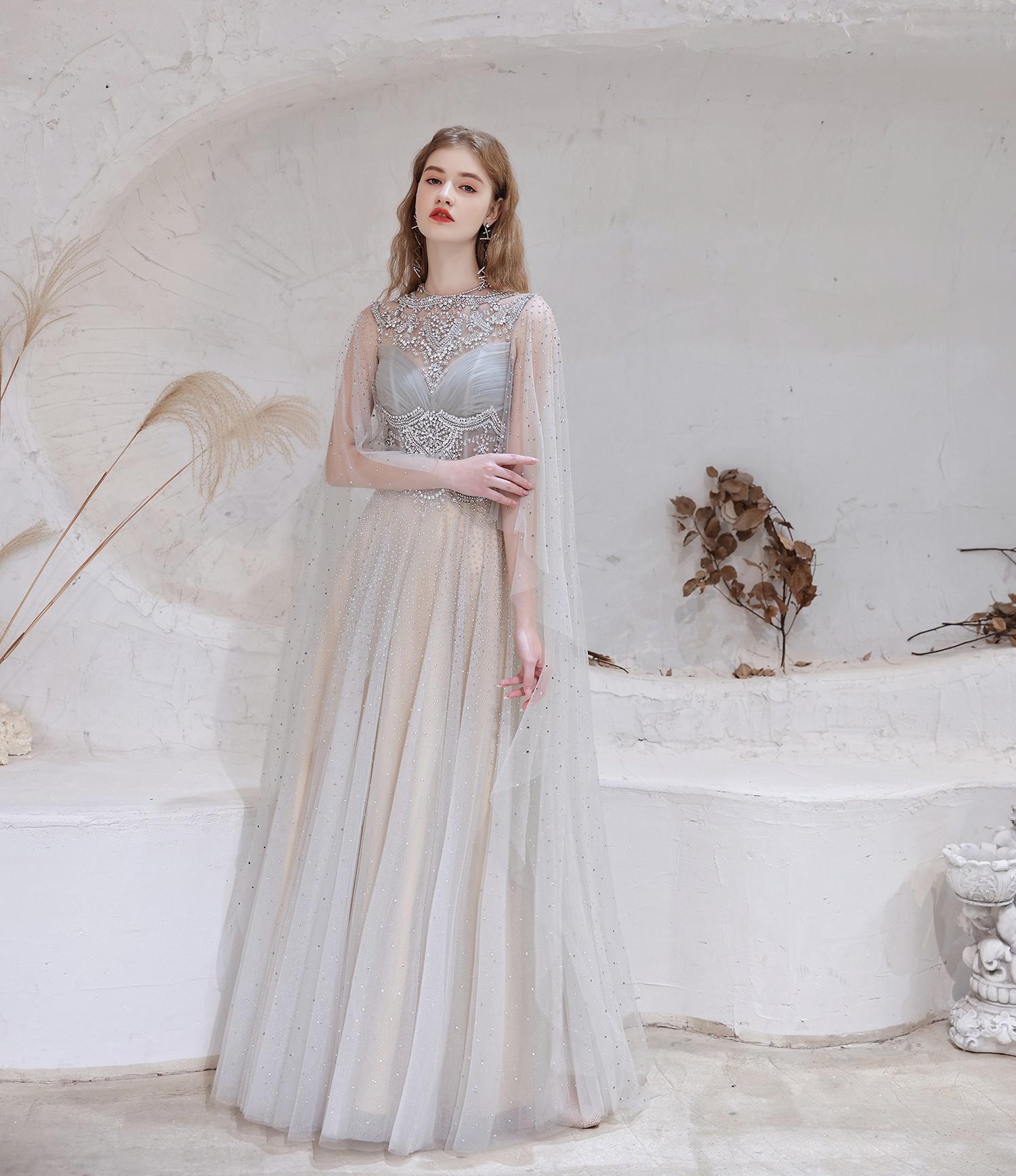 14272#IENA Long Cape Sleeves Chiffon Bohemian Prom Dresses 2023 Backless Vintage Crew Neck Party Gowns Plus Size Evening Dresses