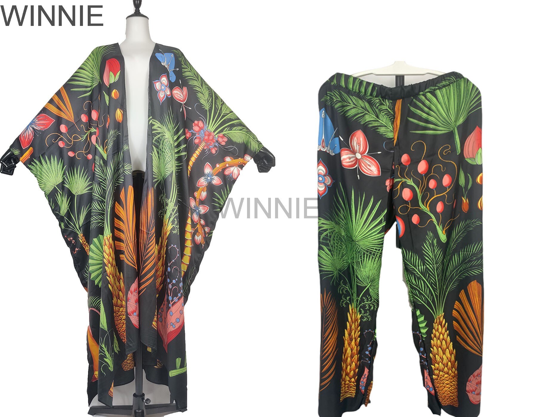 Bohemian Fashion Floral Kimono Cardigan & Pants Free Size African Women's Two Pieces Suit For Outfit Muslim Kaftan