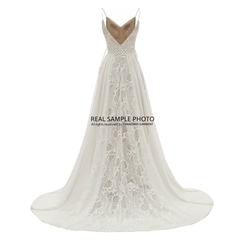 1318# Real Photos Spaghetti Straps Bride Gown 2022 Sleeveless V Neck Open Back Bohemian Sweep Train Wedding Dress Chiffon Lace
