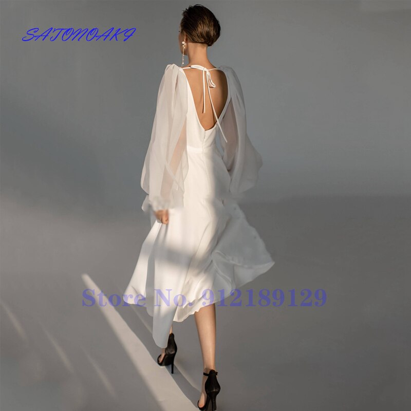 Vestidos De Novia Fashion Short Wedding Dress V Neck Puff Sleeves Simple Backless A Line Bridal Gowns Tea Length Robe De Mariée