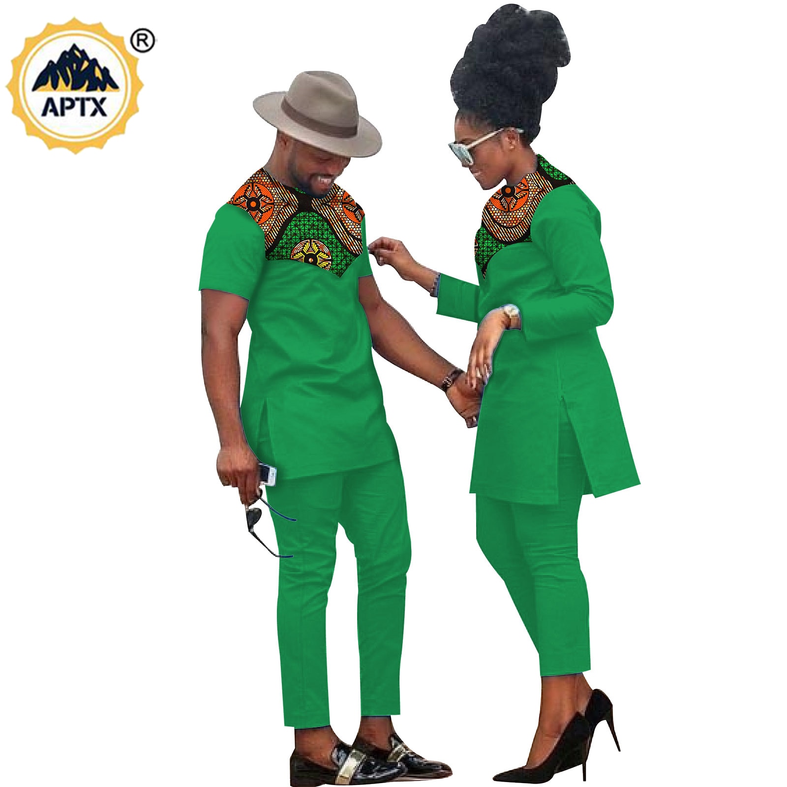 African Clothes for Couples Handmade Bazin Riche African Women Ankara Print Clothes Match Men Outfits Top and Pants Sets S20C001