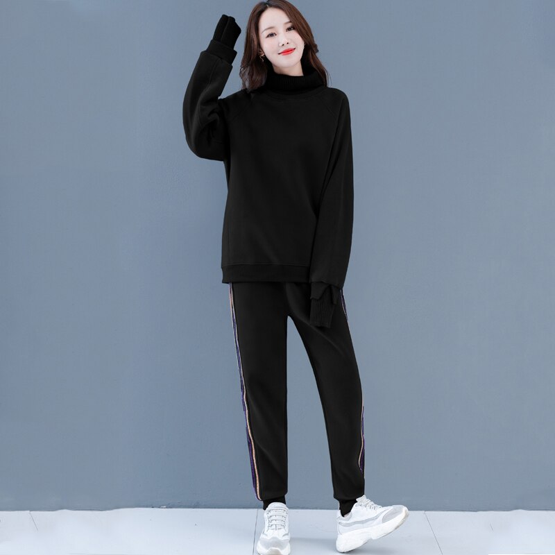Women 2 Piece Sets Autumn and Winter Solid Sportswear Long Sleeve Turtleneck Sweatshirt +Jogger Pants Casual Female Tracksuits