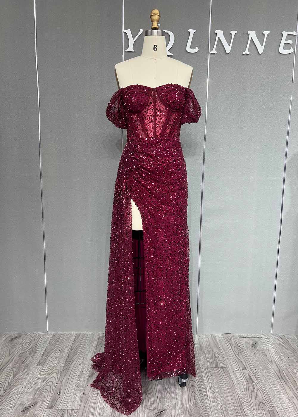 YQLNNE Sexy Slit Green Long Prom Dresses Off the Shoulder Sequins Beaded Back Zipper Formal Women Party Gown